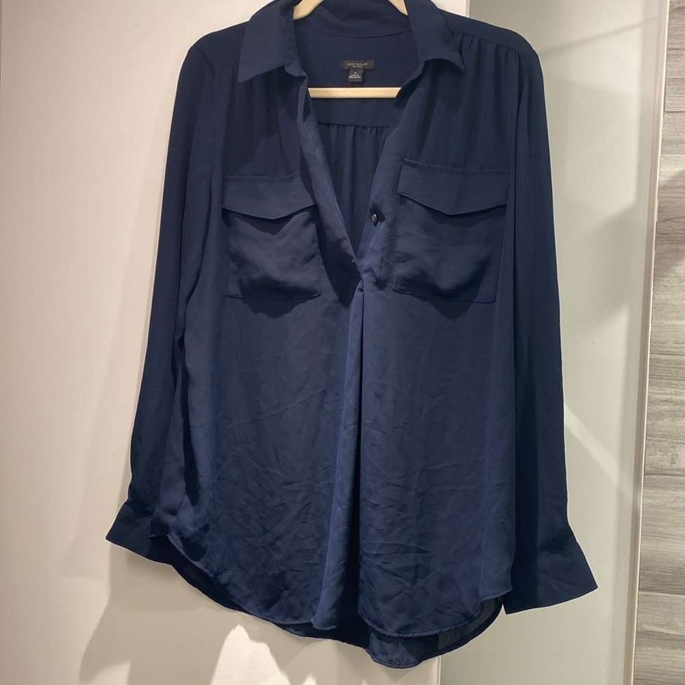 Ann Taylor factory size medium, long sleeve, sheer navy blouse